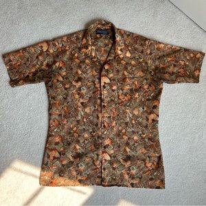 Vintage 1970s Oleg Cassini by Burma Patterned button down short sleeve polo top